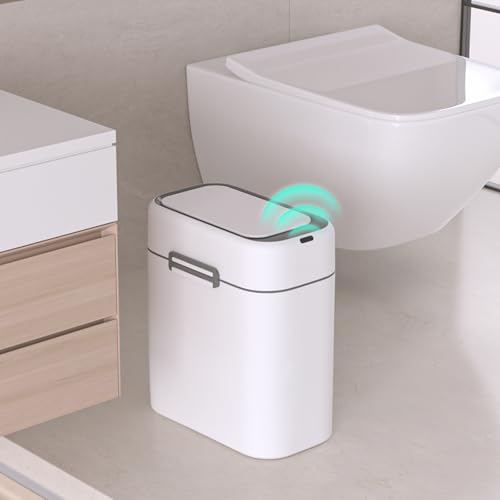 Image of ELPHECO 2.5 Gallon Garbage Can with Buckle-up Latches, Motion Sensor Trash Can with Buckling Latches for Bathroom, Living Room, Office, Bedroom, 2 AA Batteries (Excluded)，White,