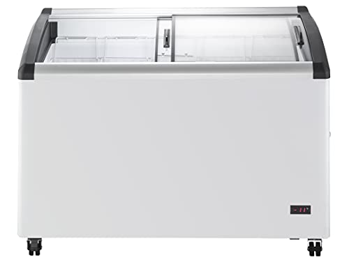 Image of Duura Commercial Mobile Ice Cream Display Chest Freezer Sub Zero Temp Curved Glass Top Frost Free Lid with 5 Wire Baskets, 47.4 Inch Wide 12.8 Cubic Feet, White