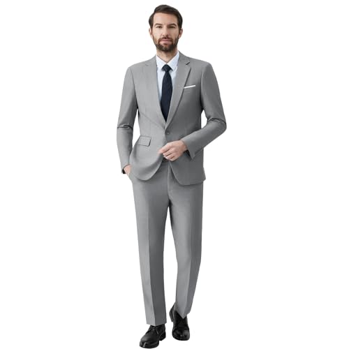 Autsel Anzug Herren Anzüge 2 Teilig Slim Fit Business Herrenanzug Hochzeit 2-Teilig Sakko Anzughose Hellgrau M