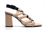  LODI - Sandalia de tacón ancho en piel combinada de color nude y negro con tiras tubulares entrelazadas, para: Mujer color: ECRU talla:39