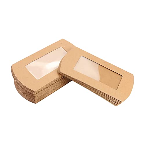 HugeDE 50 Pcs Kraft Paper Pillow Boxes Party Favor Gift Cases Packaging Candy Boxes Christmas Cookie Gift Boxes with Clear Window, Yellow, 14.5 x 7.5cm