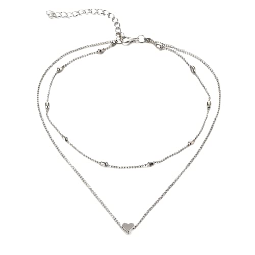 MaverickFashion Double Layer Choker Necklace; Cute Charming Dots and Heart Pendant Chains; Gift for Girls Women On Birthday Anniversary Valentine Party Occasion (Silver)