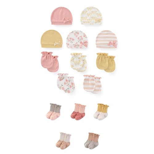 Image of JELYLOVE 15 Pack Unisex New Born Boy Girls No Scratch Mittens Sets Cotton Soft Baby Gloves Hats socks Accessory 0-6 Months