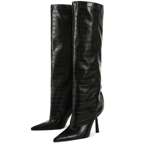 Oiamenne Knee High Boots Women's Fold Over Boots Pointed Toe Stiletto Heel Tall Boots Slip On Sexy Long Boots Fashion Dress Boots for Women Black Size 7