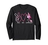 El diseño de acuarela rosa cuenta con un signo de paz, un corazón y un flamenco con sombrero de bruja y escoba y dice "Peace, Love, Flamingoween"