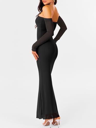 Caracilia Womens Bodycon Off Shoulder Maxi Dresses Long Sleeve Mesh Ruched Sexy Cocktail Party Club Long Dress 2025 Fall4