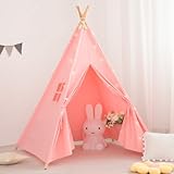 Xiaowantong Kids Teepee Tent with Lights & Carry Bag, Natural Cotton Canvas Toddler Play Tent for Girls & Boys, Washable Foldable Indoor/Outdoor Teepee