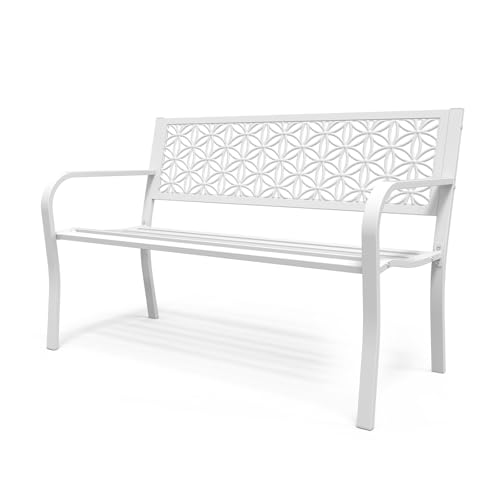 Image of VINGLI 50 inch Outdoor Bench Metal with Floral Back, Garden Bench Front Porch Bench for Yard Patio Entryway Park Outside, 800lb Capacity - White