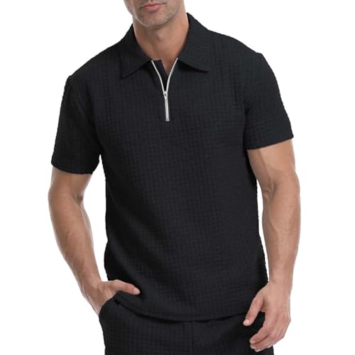 Polo manches courtes tricot gaufré homme col zippé fermeture éclair chic