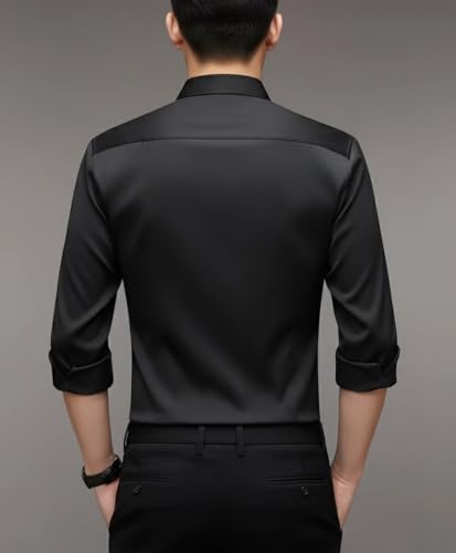 Image of IndoPrimo Men's Regular Fit Satin Designer Shirt with Stylish Vertical Line Sequence | Long Sleeve Formal & Casual Button Down Shirt for Casual and Party Look