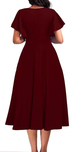 ZonJie Summer Casual Dress for Women V Neck Ruffle Short Sleeve A Line Swing Flared Cocktail Party Midi Dress with Pocket3