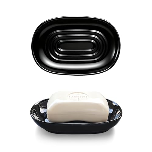 Aenfaiy Ceramic Soap Dish for Bath Sink- Modern Black Bar Soap Holder for Shower - Easy to Clean Multi-Purpose Oval Soap Dishes for Soap Bar Sponges Jewelry Small Items | Fits Bathroom & Kitchen