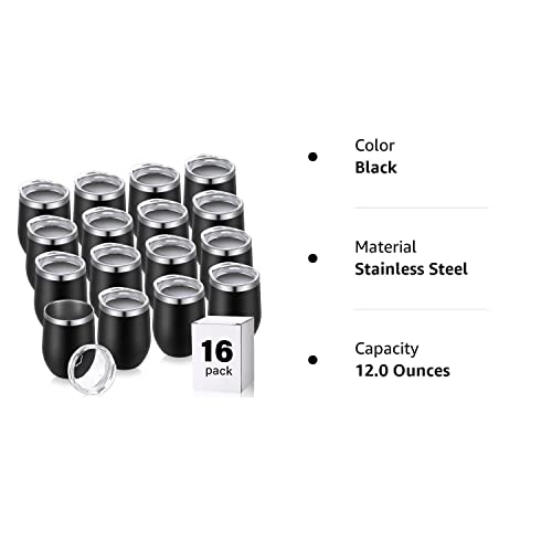 Remagr 16 Pack Stainless Steel Wine Tumblers 12 Oz Insulated Vacuum Wine Cup Set Double Wall Stainless Steel Stemless Wine Mug Glasses For Wine Coffee Soda Whiskey Outdoor Travel (Black) #TOP7
