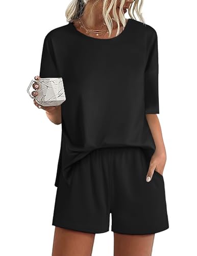 Ekouaer Pajamas for Women Set 2 Piece PJ Soft Comfy Lounge Sets Short Sleeve Tops Shorts Sets Cotton Sleepwear,M Black