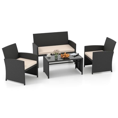 Image of Tangkula 4 Pieces Patio Wicker Furniture Set, Outdoor Heavy Duty Rattan Cushioned Chairs, Loveseat and Tempered Glass Coffee Table, for Backyard, Balcony, Poolside (1, Off White)