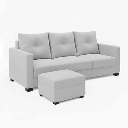 Image of FURNY Amonster 4 Seater L Shape Sofa Set with Movable Ottoman | Flexible Left or Right Layout | Plush Velvet Fabric (Light Grey) | Perfect for Living Room, Guest Room & Office