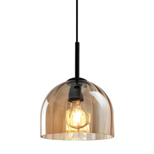 Lighten Chance Modern Amber Glass Pendant Lights Nordic Boho Dome Chandelier 7.86 Bell Lamp Shape Hanging Ceiling Lighting Fixtures Kitchen Island Dining Room Table Vintage Lampshade