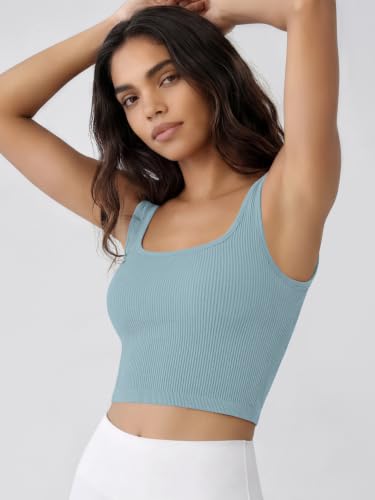 Image of ODODOS 3-Pack Seamless Square Neck Crop Tank for Women Ribbed Knit Soft Low Back Cropped Tops