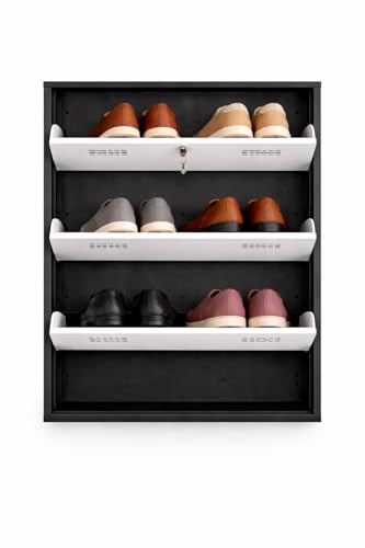 Image of 3 Door Wall Mounted Metal Shoe Rack with Lock | Black & White Dual Tone Foldable Shoe Cabinet | Space Saving Shoe Organizer | Ventilated Steel Shoe Stand Holds 9 -18 Pairs