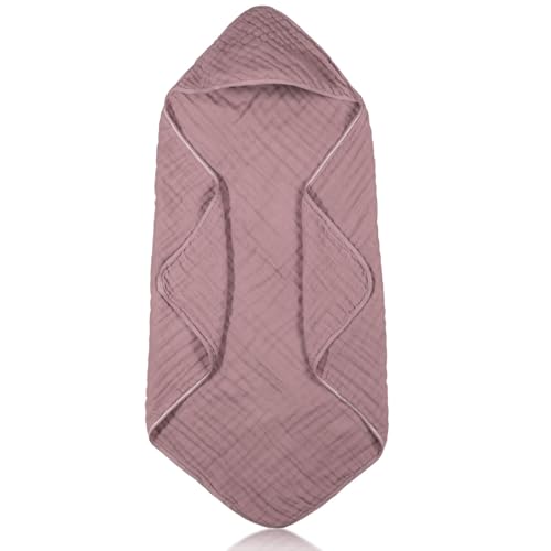 Image of Peryiter 1 Pcs Muslin Hooded Baby Towels,32"x 32" Cotton Newborn Bath Towel Muslin Infant Baby Blankets Absorbent Unisex Newborn Registry Gift for Girls Boys (Mauve)