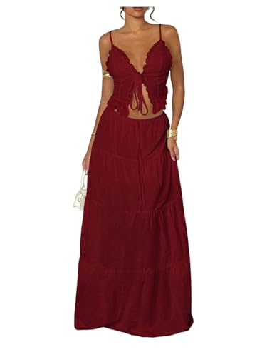Floerns Women's 2 Piece Outfit Lace Trim Tie Front Camisole Top Tiered Maxi Skirts Set Burgundy Medium