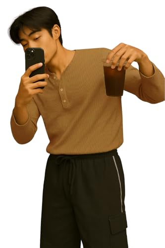 Image of Men's Solid Slim Fit Full Sleeve Henley Neck Rib Textured Cotton Blend T-Shirt | Casual & Office Wear | Daily & Travel use
