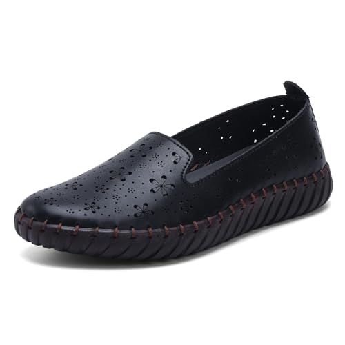 Image of Women's Summer Slip On Loafers, Breathable Perforated Hollow Cutout Flats, Comfortable Vegan Leather Walking Work Shoes for Women, Heart Floral Geometric Pattern Soft Sole Casual Summer Footwear