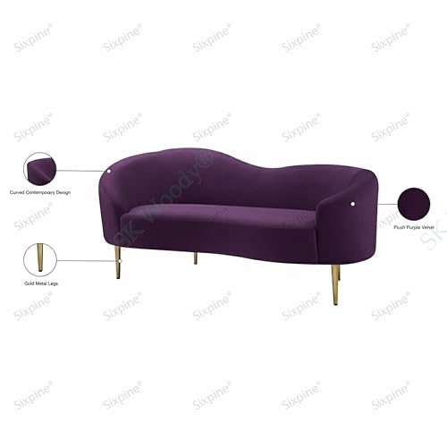 Image of Rosewood Luxury Curved Sofa in Premium Velvet-Fabric | Solid Wood Structure | High Density Foam | Sturdy Golden Legs | Comfortable & Stylish Couch for Modern Living Room (Purple, 2 Seater)