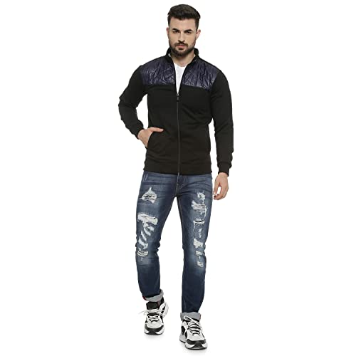 Image of Campus Sutra Men's Black Solid Colour-BlockedRegular Fit Cotton Jacket For Winter Wear | Standing Collar | Full Sleeve | Zipper | Casual Jacket For Man | Western Stylish Jacket For Men