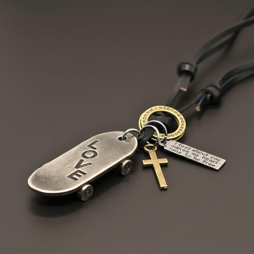 Image of THE MEN THING SILVER SKATE LOVE - 2-Inch Pure Stainless Steel Pendant with Adjustable Dark Brown Leather Rope for Men & Boys