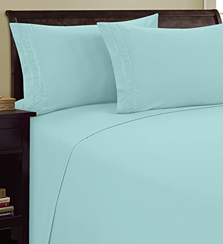Elegant Comfort 1500 Thread Count Embroidered Egyptian Quality Luxurious Silky Soft Wrinkle & Fade Resistant 4 pc Sheet Set, Deep Pocket Up to 16" - Full Aqua