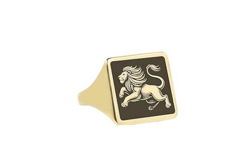 Bague lion en or 24k de forme carrée au design gravé d'exception