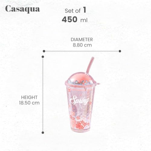 Image of Drinking Glasses Tumbler with Plastic Gliter Lid and Straw - 450ml, Set of 1, Travel Sipper Bottle for Juice Cocktail Iced Tea Coffee Smoothie Hot Cold Drink Cup Home & Travel