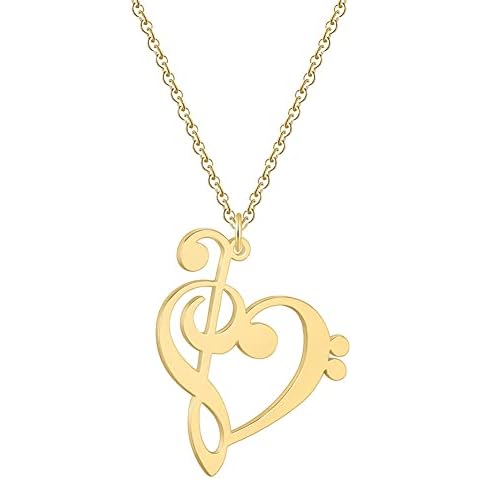 Musical Note Necklace Stainless Steel Love Heart Treble and Bass Clef Music Note Pendant Necklace for Women Music Lover Jewelry, Metal, Rhinestone Cover