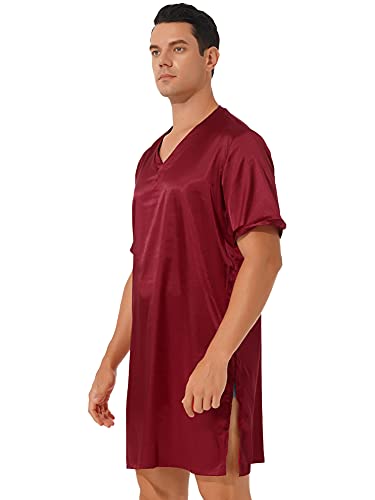 CHICTRY Men's Nightshirt Satin Nightwear Comfy V Neck Short Sleeve Soft Loose Pajama Sleep Shirt3