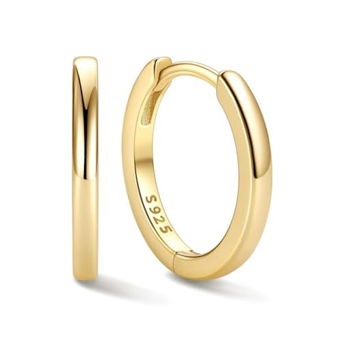 ChicSilver 925 Sterling Silver Huggie Hoop Earrings Small Hoop Earrings for Women Hypoallergenic Silver Huggie Earring Cartilage Earrings for Women (6/8/10/12/14/16/18/20MM) 12MM Gold