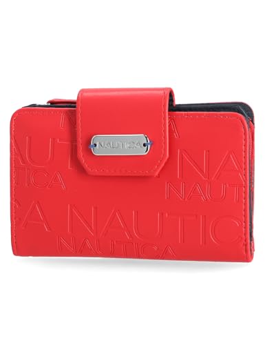 Image of Nautica Womens, Close Reach Vegan Leather RFID Wallet, Small Credit Card Holder Purse with Zipper Coin Pocket and ID Window in Red Embossed