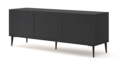 TV-Schrank Ravenna C 150 cm 3D mit gefräster Front Hochglanz Hochwertiges MDF Diamant Metallbeine Lowboard Sideboard Kommode (Korpus: Schwarz matt, Fronten: Schwarz Hochglanz, schwarze Beine)