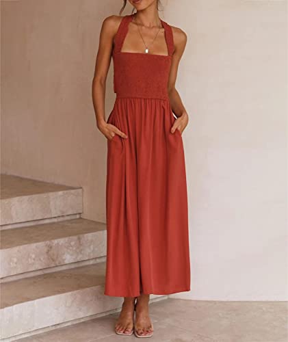 Image of Sexyshine Women's Square Neck Halter Lace Up Criss Cross Maxi Dress Tie Back Sleeveless Smocked Ruched A Line Dress