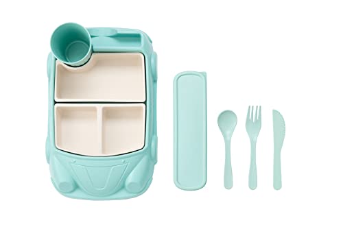 Image of Kids garden Car Plate 8Pcs/Set Bamboo Children Dinnerware Sets - Dishwasher/Microwave Safe Includes Cutlery, Beautiful Plate, Separable Bowls & Cup Happy MealTime, Light Green, YK-001