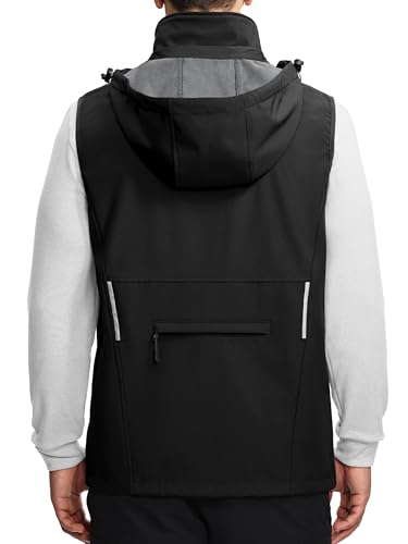 Mens Vests Outerwear Removable Hood Windproof Golf Vests for Men Softshell Sleeveless Jacket with 6 Pockets