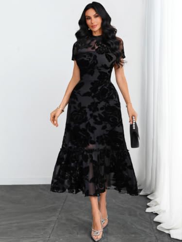 Image of GothDark Women's Summer Floral Mesh Ruffle Casual Maxi Wedding Guest Dress