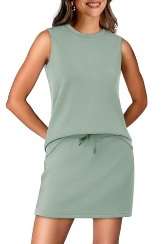 Image of WIHOLL Two Piece Skirt Sets for Women Summer Vacation Outfits Tennis Skirt Crew Neck Top Versatile Lounge Sets