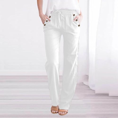Casual Pants for Women Summer Solid Color Drawstring Elastic Waist Pants Baggy Straight Leg Long Trouser with Pocket2