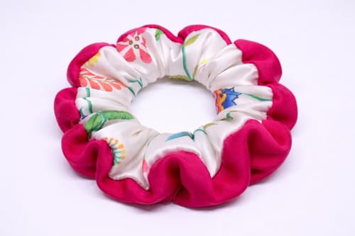 Image of Satin Scrunchies Hair Bands for Women | No-Damage Elastic Hair Ties for Ponytails & Buns | Fluffy & Stylish Rubber Bands | Extra Large Size | Pack of 2 (Floral Print Combo)