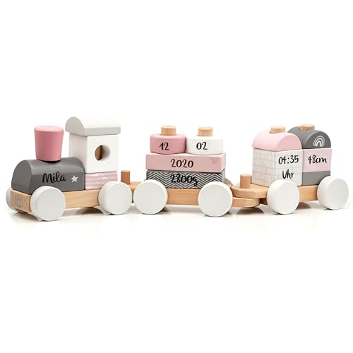 Personalisierte Holzeisenbahn rosa – Personalisierte Geschenke Baby | Steckspielzeug |