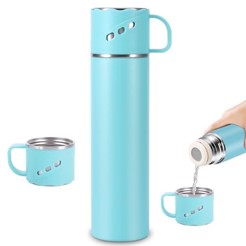 Flask for Hot Drink - 600ml Vacuum Flask, Stainless Steel Hot Water Bottle with Handle, BPA Free Leakproof Thermal Flasks Cup, Reusable Drinks Bottles for Coffee Water Sports Work Travel (Blue)