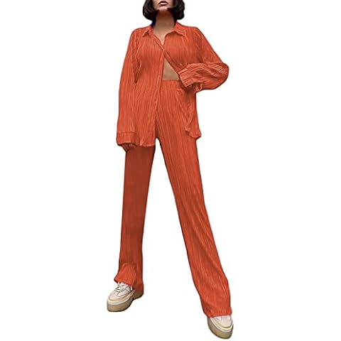 Women Casual 2 Piece Outfits Set Long Sleeve Button Down Shirt Blouse High Waist Long Pants Loose Fit Loungewear Suit (B-Orange , M ) Cover