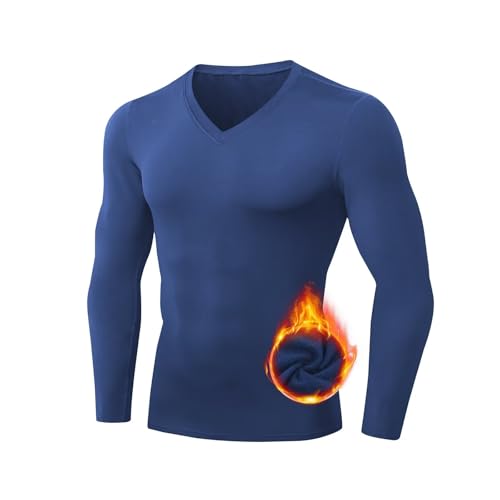 Men's Thermal Compression Shirts V Neck Fleece Lined Long Sleeve Athletic Base Layer Tops for Running Workout