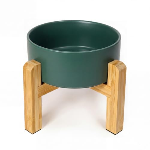 HCHLQLZ Verde Ceramica Alzato Ciotole per Cani Gatti Alzata Ciotola Cane Gatto per Cibo Acqua -Combinato con Supporto in bambù